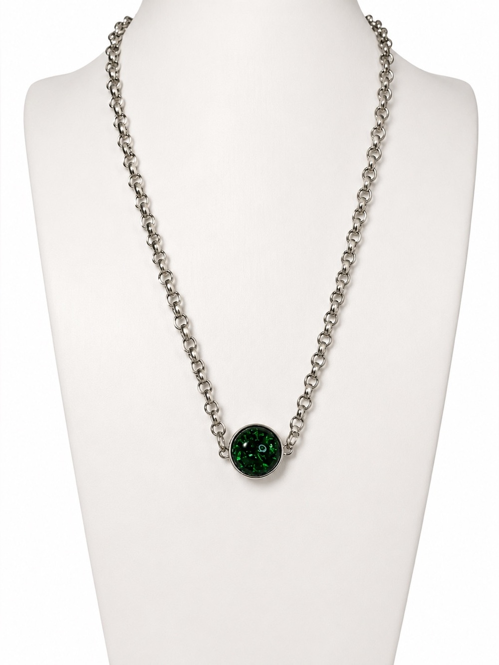 Silver Tone Necklace with Green Vintage  Czech Glass Double Sided Pendant